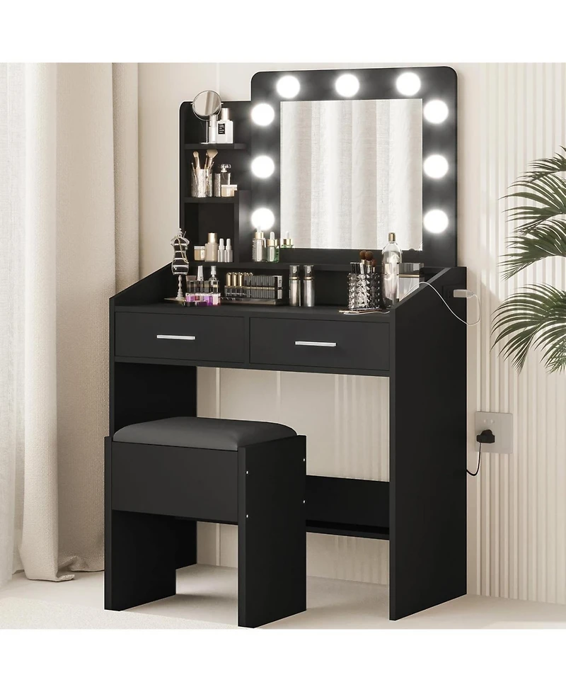 gaomon Modern Vanity Desk with Large Mirror, Dimmable Led Lights, Power Outlet, 7 Drawers & Cushioned Stool