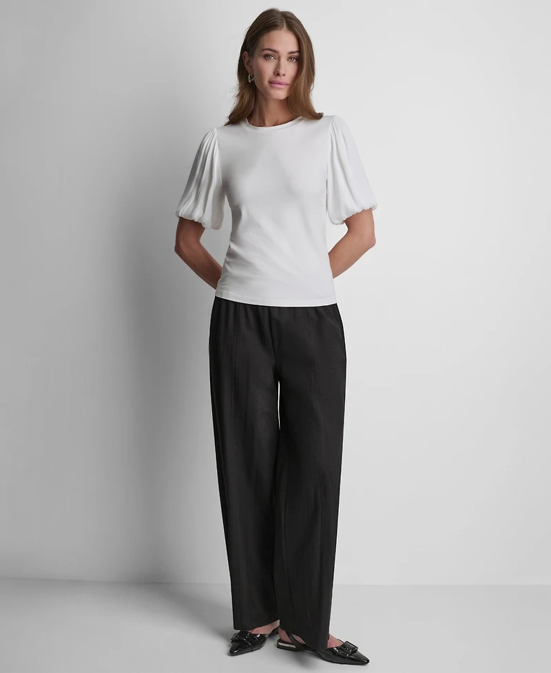 Dkny Women's Puffed Crewneck Mix Media Knit Top