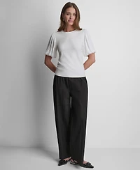 Dkny Women's Puffed Crewneck Mix Media Knit Top