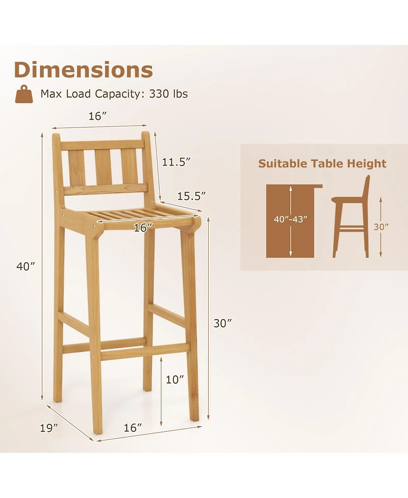 sumyeg 30-Inch Teak Wood Outdoor Bar Chair with Backrest and Footrest
