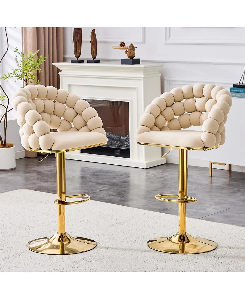 Streamdale Furniture Set of 2 Beige Puffy Bubble Bar Stools with Gold Legs