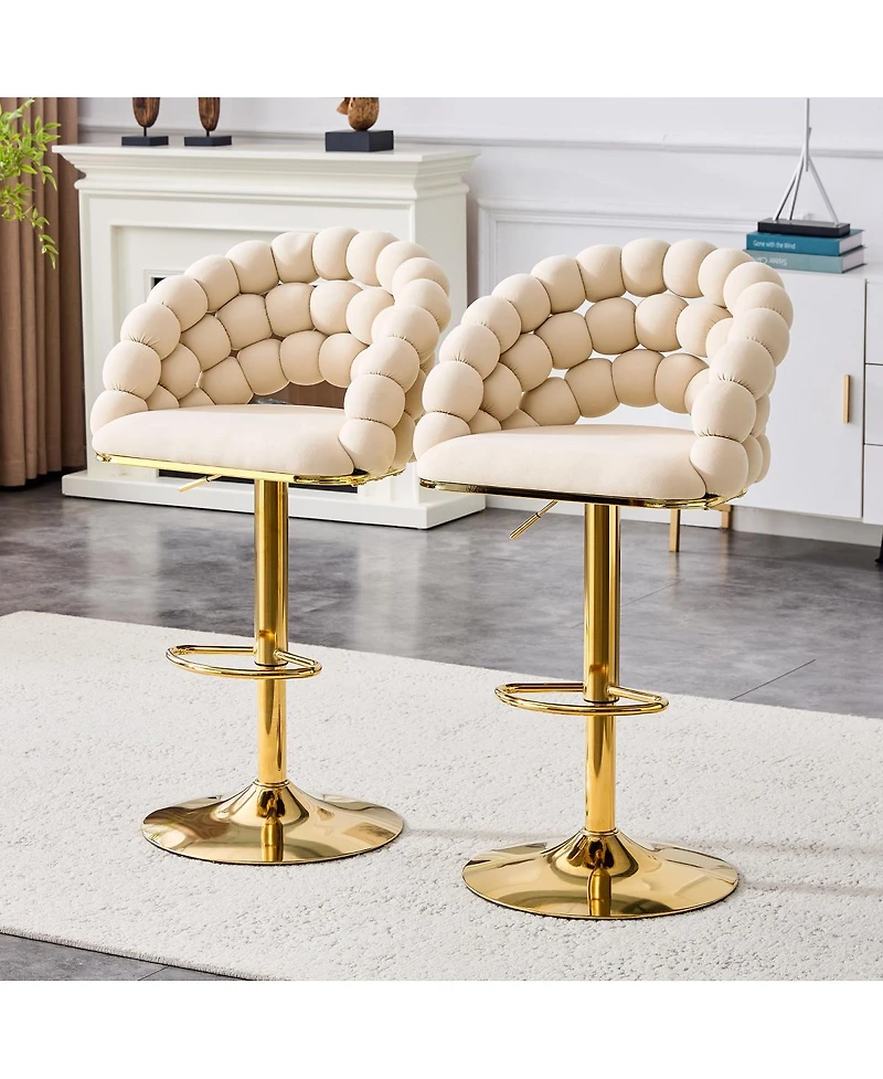 Streamdale Furniture Set of 2 Beige Puffy Bubble Bar Stools with Gold Legs