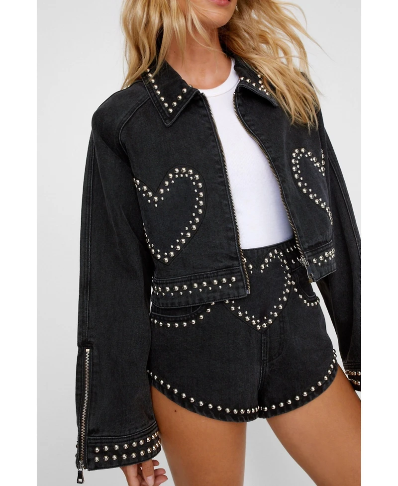 Nasty Gal Women's Heart Studded Cropped Denim Jacket