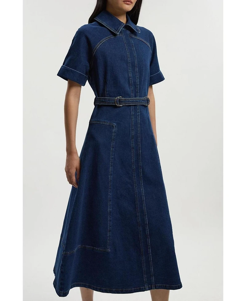 Karen Millen Women's Petite Stretch Denim Tab Belt Midi Dress