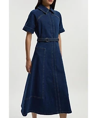 Karen Millen Women's Petite Stretch Denim Tab Belt Midi Dress