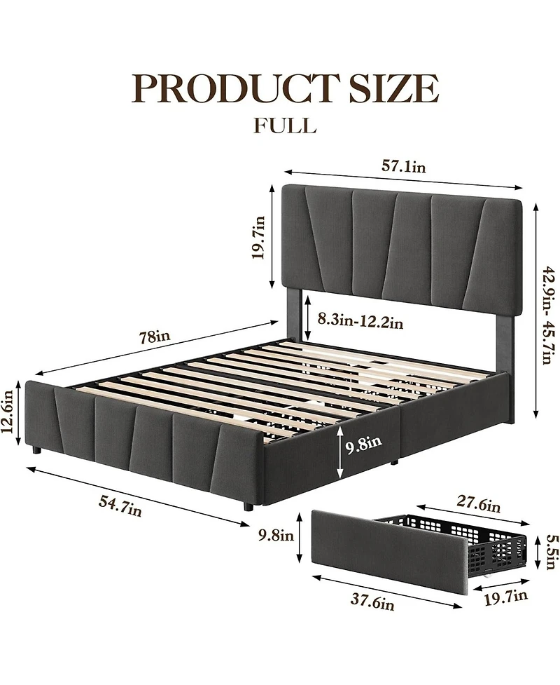gaomon Full Bed Frame Adjustable Headboard 4 Drawers Upholstered Platform Wooden Slats No Box Spring