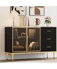 gaomon Fluted Buffet Cabinet with Storage Led Lights Plus 3 Drawers Modern Sideboard Table for Kitchen Living Room.