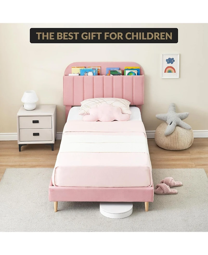 gaomon Full Bed Frame Storage Headboard Velvet Upholstered Platform Bed Kids Wood Slats Noise Free