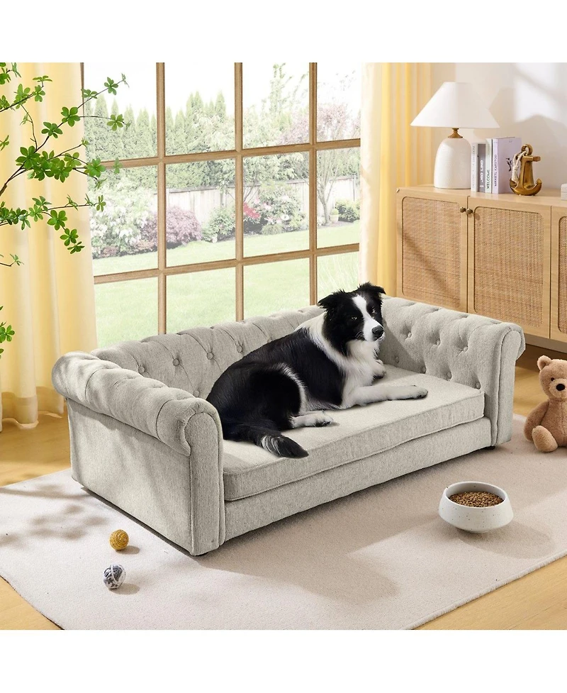 6thdruple Oversized Beige Linen Dog Sofa, Modern Elevated Pet Bed for Large Breeds