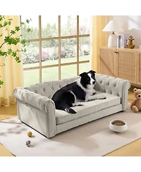 6thdruple Oversized Beige Linen Dog Sofa, Modern Elevated Pet Bed for Large Breeds