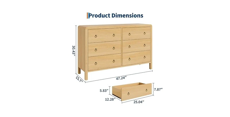 gaomon Wide 6 Drawer Dresser for Bedroom, Wooden Chest of Drawers with Large Storage & Metal Handles