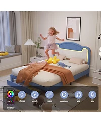 gaomon Full Size Upholstered Bed Frame with Led Lights, Fabric Headboard, Princess Platform Bed, Wood Slats, No Box Spring with Drawer