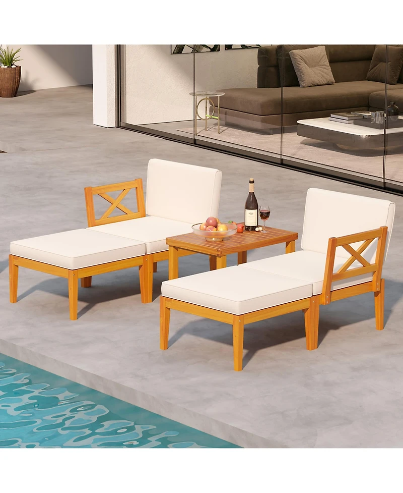 Gymax 5 Pcs Acacia Wood Patio Chaise Lounge Chair Set w/ 2-Tier Coffee Table Cushions