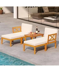 Gymax 5 Pcs Acacia Wood Patio Chaise Lounge Chair Set w/ 2-Tier Coffee Table Cushions