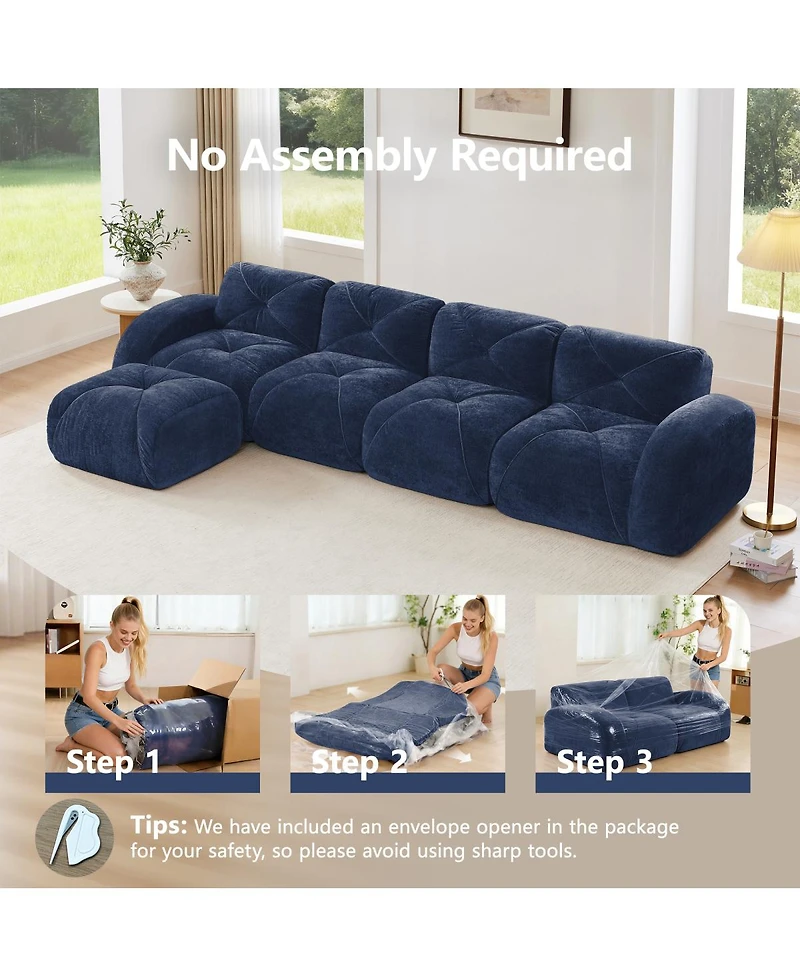 Streamdale Furniture L-shaped Velvet Tufted Sofa with Movable Ottoman