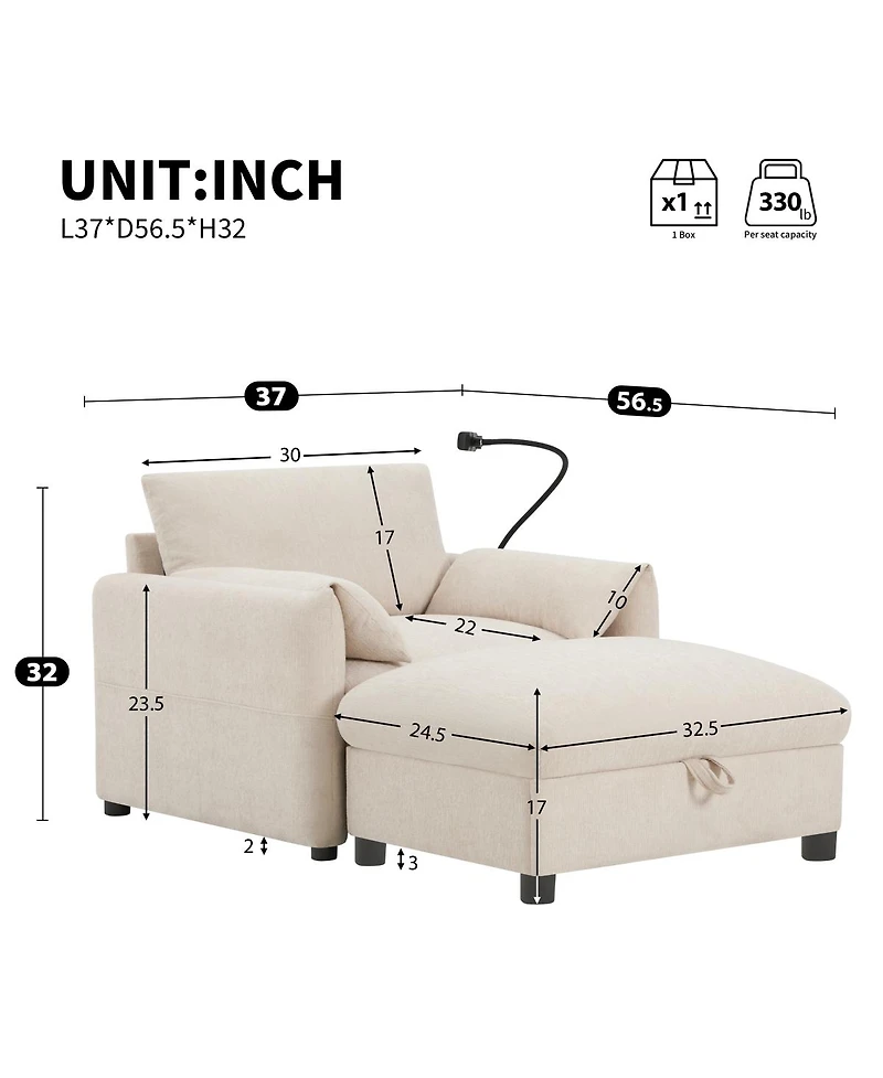 Streamdale Furniture 37" Sofa with Storage Ottoman, Phone Holder, Charger, Pockets, Chenille Armchair