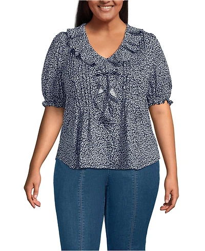 Lands' End Plus Women's Puff Sleeve Slub Ruffle Pintuck Top