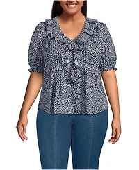 Lands' End Plus Women's Puff Sleeve Slub Ruffle Pintuck Top