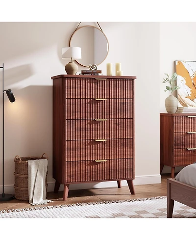 gaomon Fluted 5 Drawer Dresser Tall Curved Profile Handles