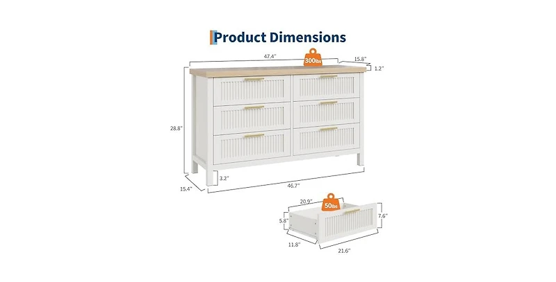 gaomon Fluted Dresser for Bedroom, Tall Chest of Drawers with 6 Storage Drawers, Modern Wood Clothing Organizer Cabinet