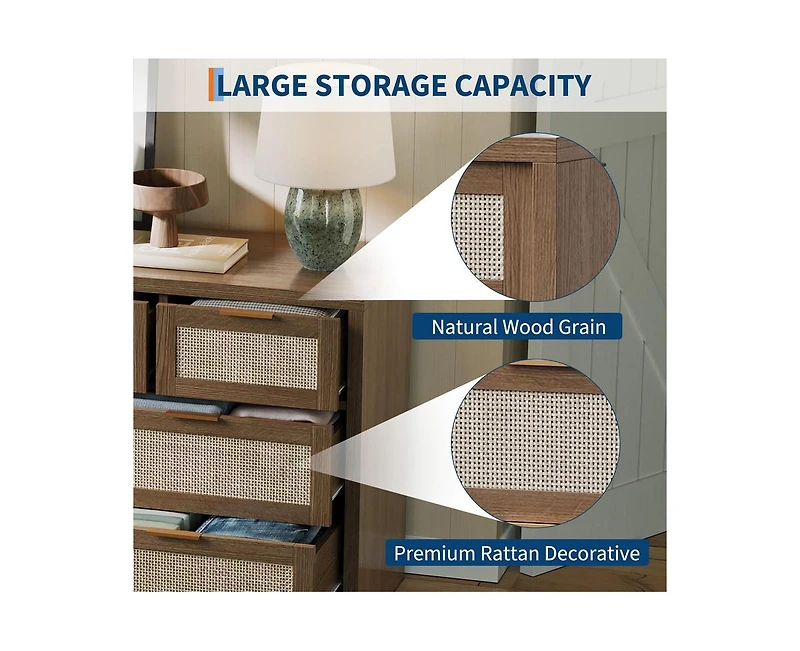 gaomon Rattan 7-Drawer Dresser for Bedroom, Wide Wooden Storage Chest