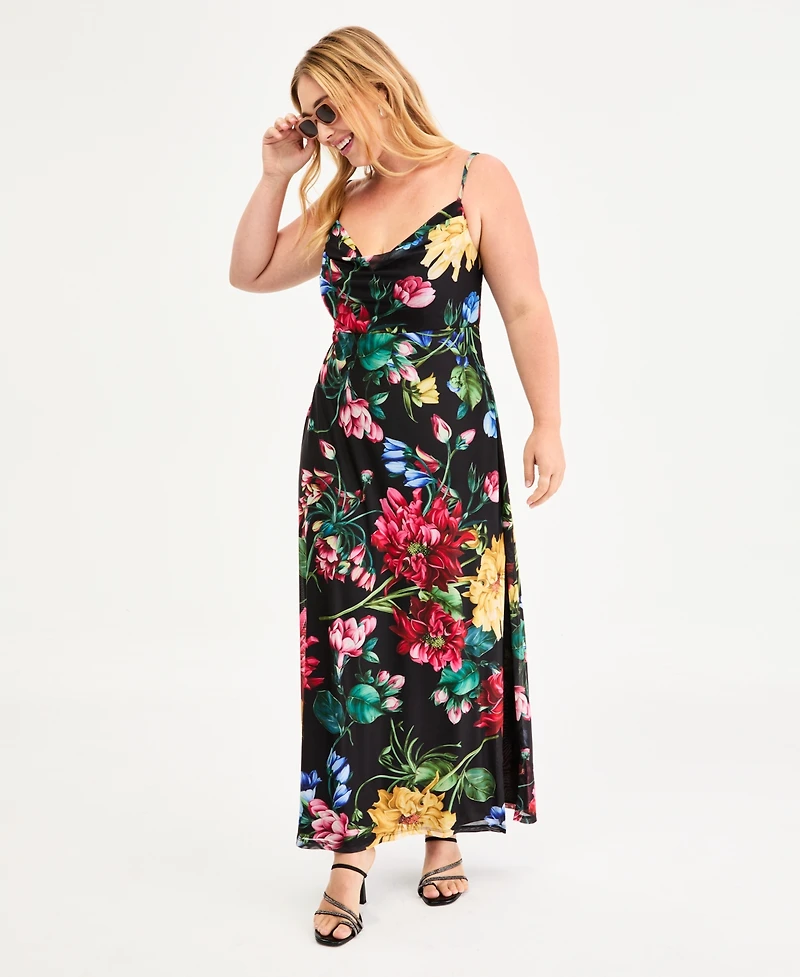 B Darlin Trendy Plus Floral Print Cowlneck Maxi Dress