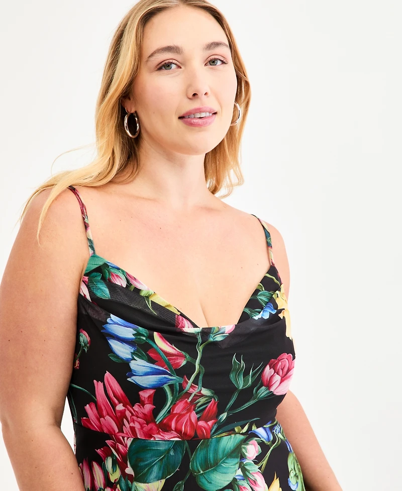 B Darlin Trendy Plus Floral Print Cowlneck Maxi Dress