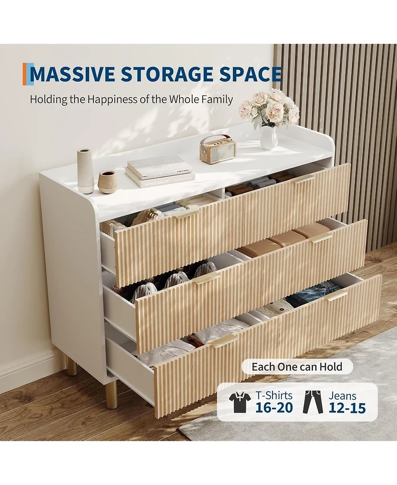 gaomon Fluted Double Dresser for Bedroom, Curved Wooden Chest with Metal Handles & Wide Storage