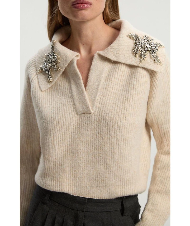 Karen Millen Women's Embellished Collar V Neck Knit Sweater