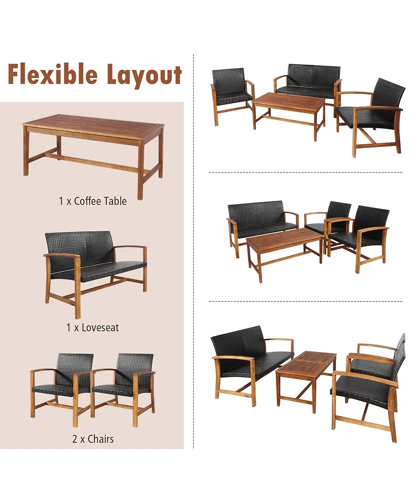 Gymax 8PCS Patio Conversation Set Outdoor Furniture Set w/ Acacia Wood Frame