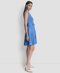 Dkny Women's Sleeveless Jewel Neck Pleated Drop Waist Mini Dress