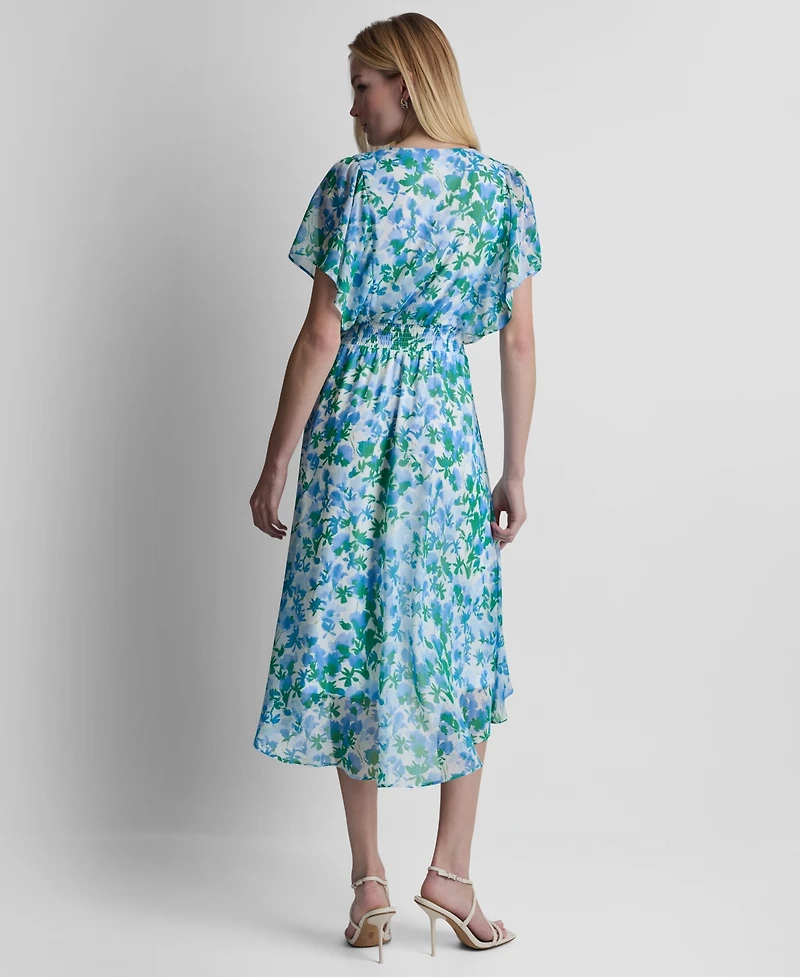 Dkny Women's Flutter-Sleeve V-Neck Smocked Waist High-Low Midi Dress