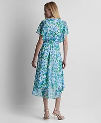 Dkny Women's Flutter-Sleeve V-Neck Smocked Waist High-Low Midi Dress