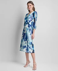 Dkny Women's 3/4-Balloon-Sleeve Surplice Neck Knot Front Midi Dress