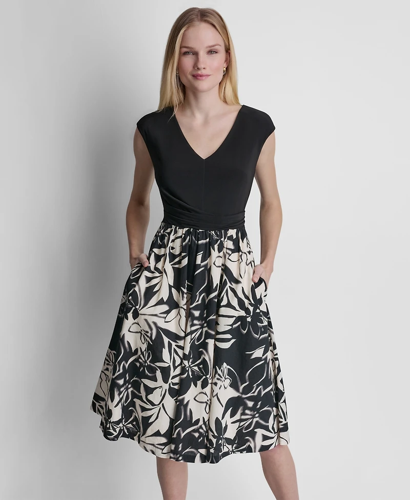 Dkny Women's Sleeveless V-Neck Fit and Flare Midi Dress