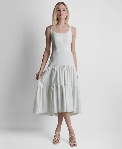 Dkny Women's Sleeveless Square Neck Tiered Linen Midi Dress