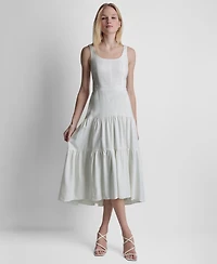 Dkny Women's Sleeveless Square Neck Tiered Linen Midi Dress