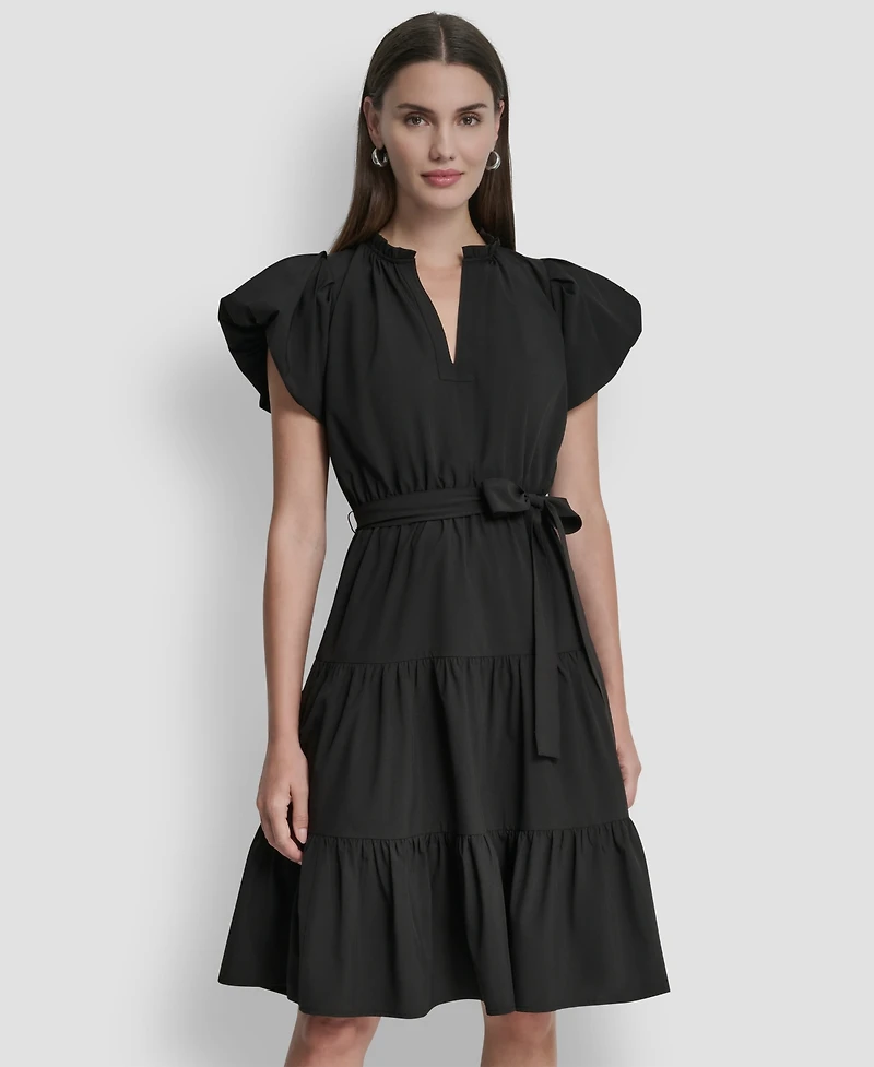Dkny Women's Puff-Sleeve V-Neck Tiered Knee Length Dress