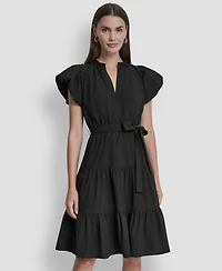 Dkny Women's Puff-Sleeve V-Neck Tiered Knee Length Dress