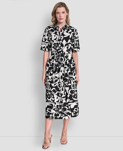 Dkny Women's Elbow Sleeve Collared Neck Button-Front Belted Floral Midi Shirtdress
