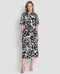Dkny Women's Elbow Sleeve Collared Neck Button-Front Belted Floral Midi Shirtdress
