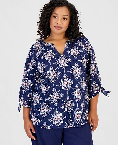 Jones New York Plus Cotton Tie-Cuff Top