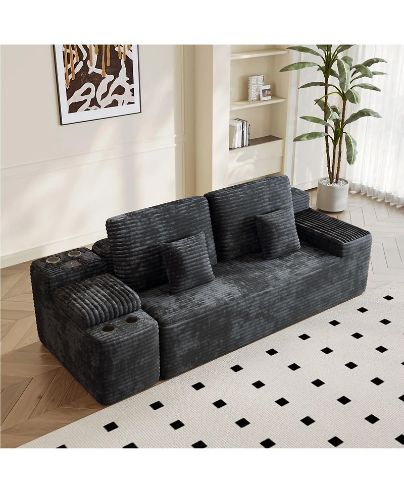 Streamdale Furniture 150" Sectional Sofa with 2 Ottomans, Black Corduroy, U-Shaped Couch