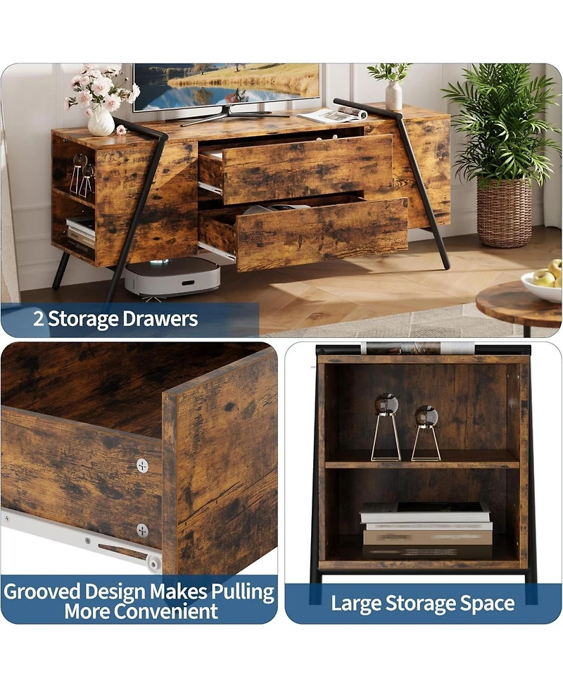 gaomon Modern Tv Stand, Wood Entertainment Center, 2 Drawers, Side Open Shelves, U-Shaped Metal Base, Fits up to 65".