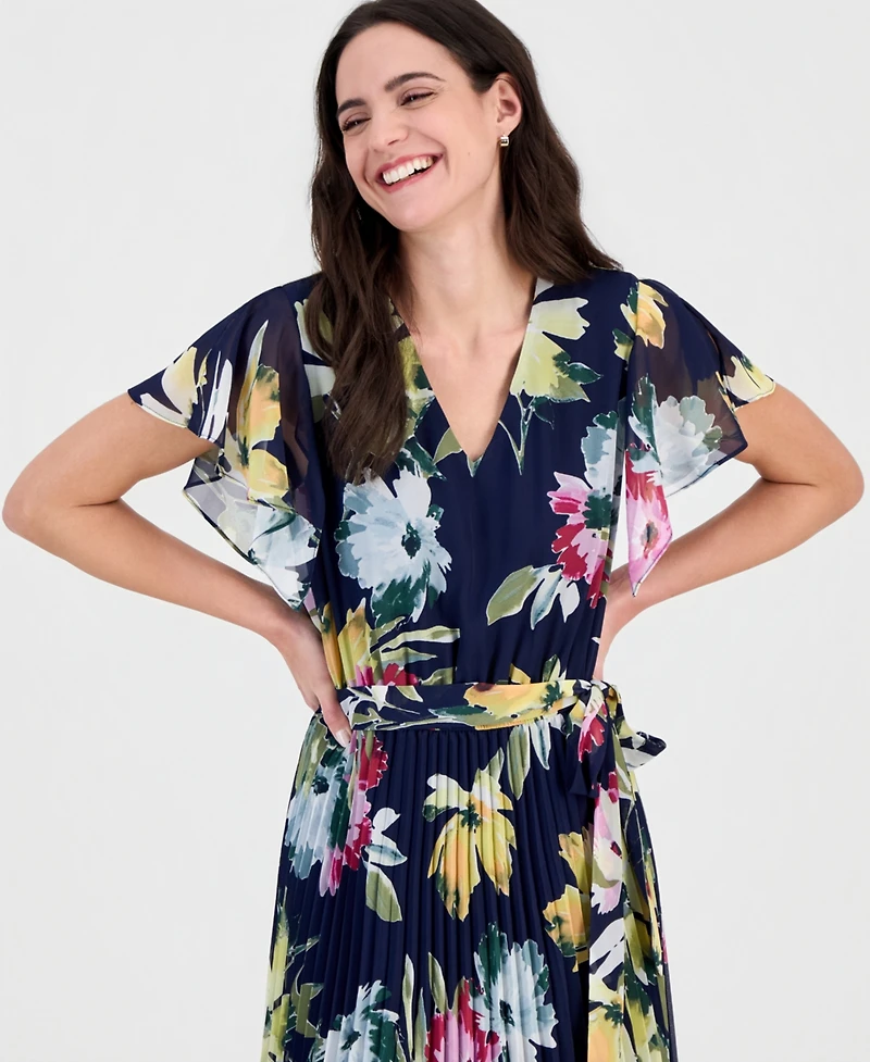 Robbie Bee Women's Flutter-Sleeve Pleated Maxi Dress