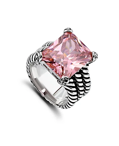 Macy's 18.0 Cttw 12x15mm Pink Emerald Cut Cubic Zirconia Center Stone On Triple 3mm Lt Oxidized Twist Rope Band Statement Ring