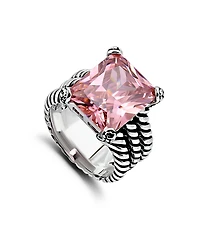 Macy's 18.0 Cttw 12x15mm Pink Emerald Cut Cubic Zirconia Center Stone On Triple 3mm Lt Oxidized Twist Rope Band Statement Ring