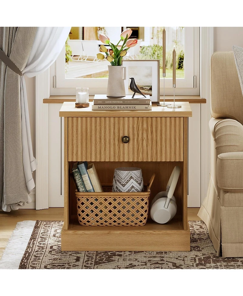 gaomon Fluted Nightstand with Drawer, Mid Century Modern Bedside Table Light Wood Nightstand with Storage