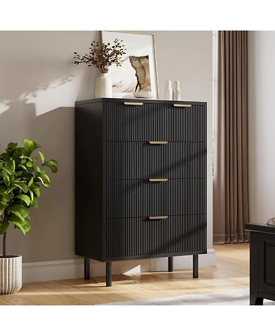 gaomon Black Wave Fluted 5 Drawer Dresser Tall Bedroom Chest Anti Tip Metal Legs Modern Storage for Small Spaces