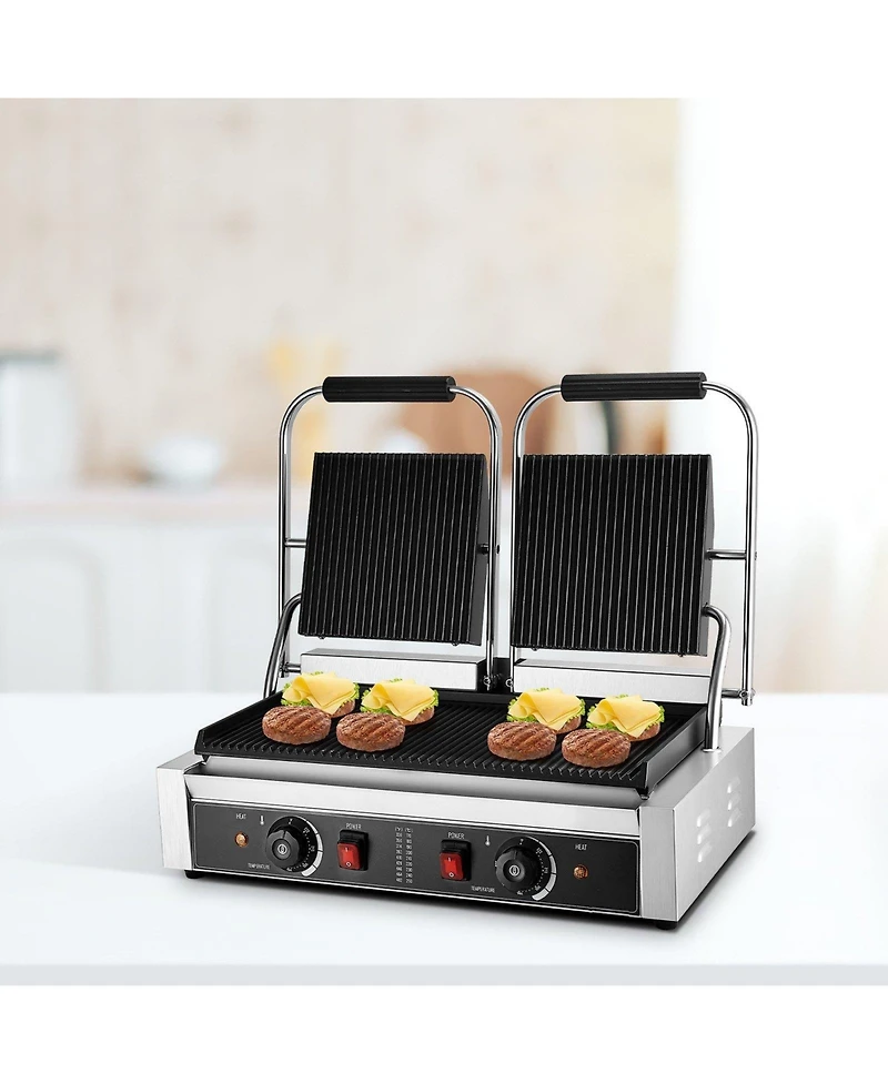 Ecooso Commercial Electric Panini Press Grill with Full Grooved Plates and Temperature Control